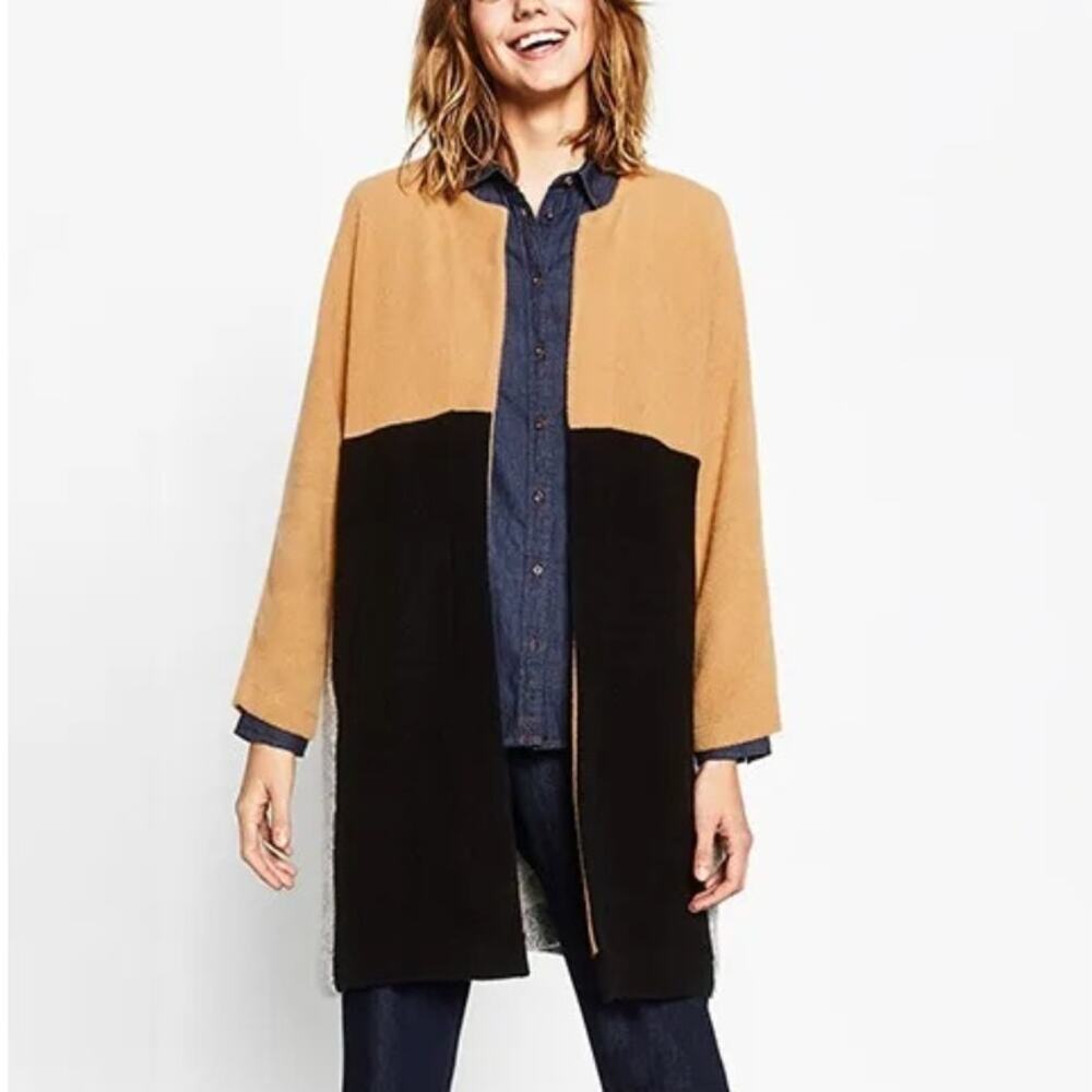 Zara Colorblock Long Coat Tan Black Gray Open Front Size S